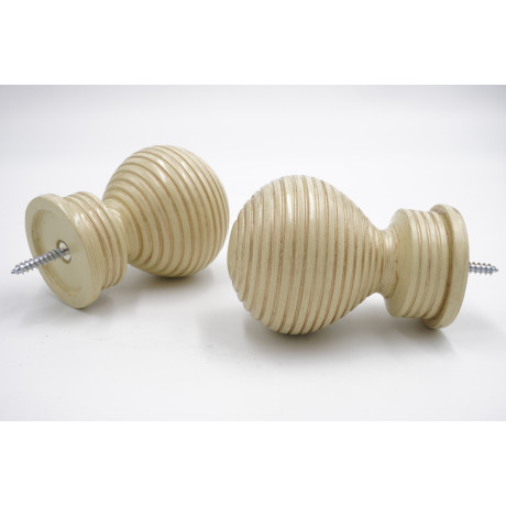 Integra Woodworks 35mm Curtain Pole Finials - Ribbed Ball Design - Distressed Cream - Pack of 2